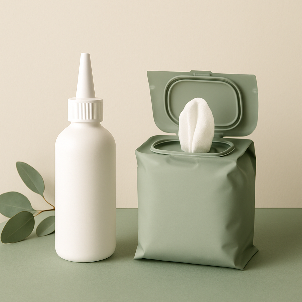 Private-label dog ear-care set — squeeze-bottle ear cleaner with directional nozzle and finger-wipe pouch
